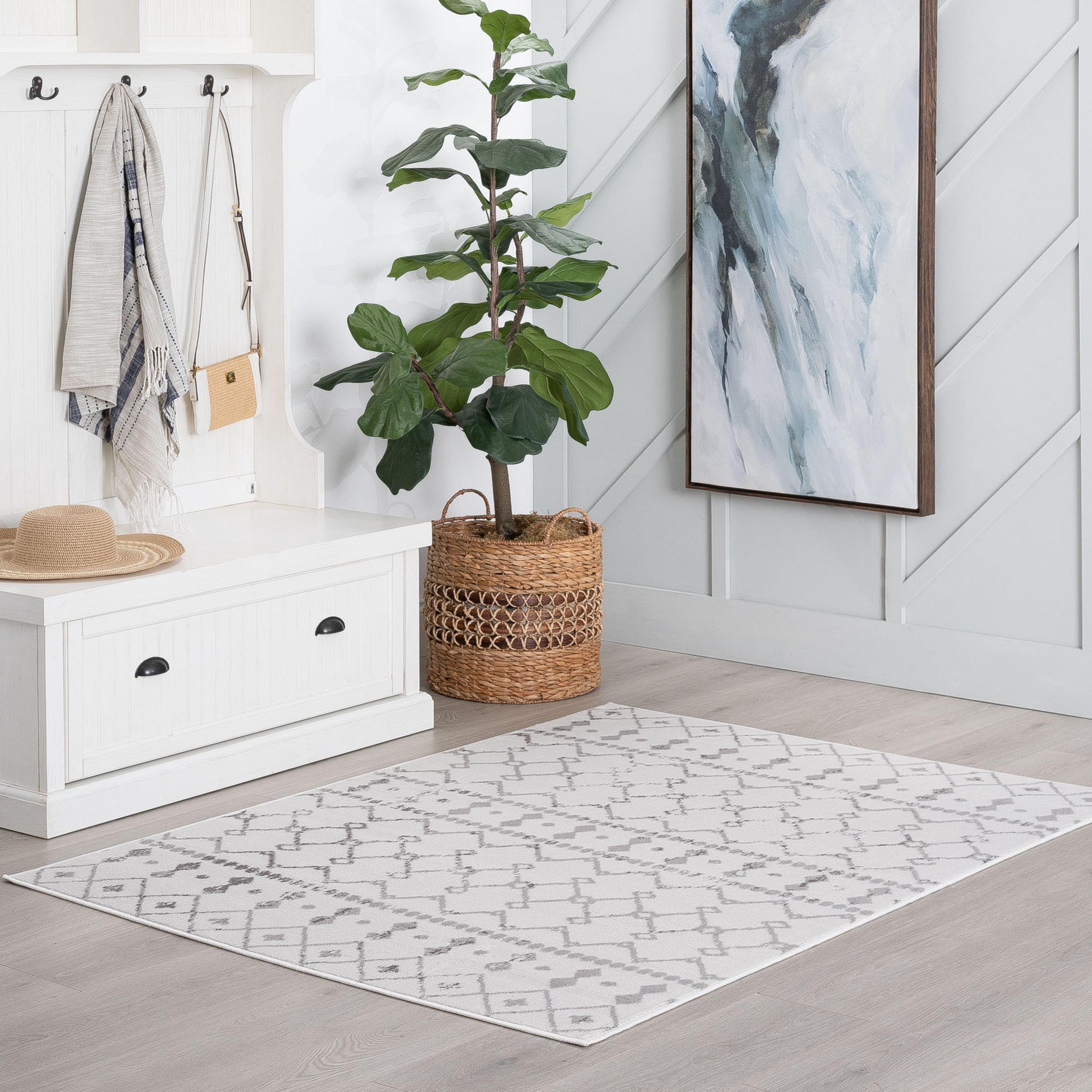 Contemporary 9x12 Area Rug (8'9'' x 12'2'') Geometric White Living Room Easy to Clean