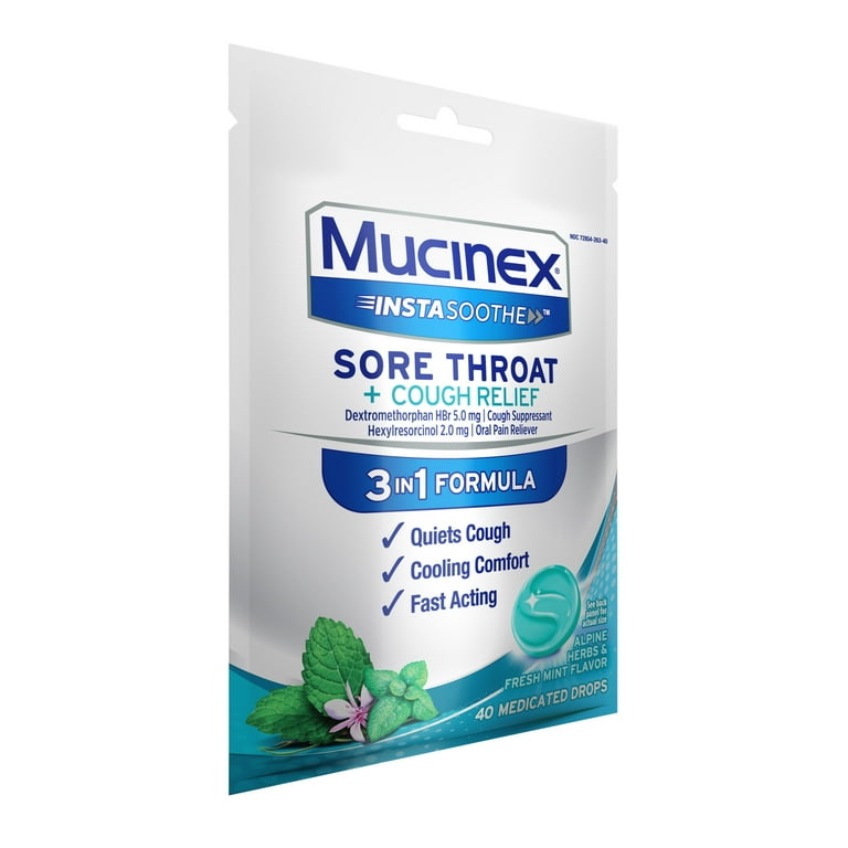 Mucinex Instasoothe Sore Throat + Cough Drops, Alpine Herbs