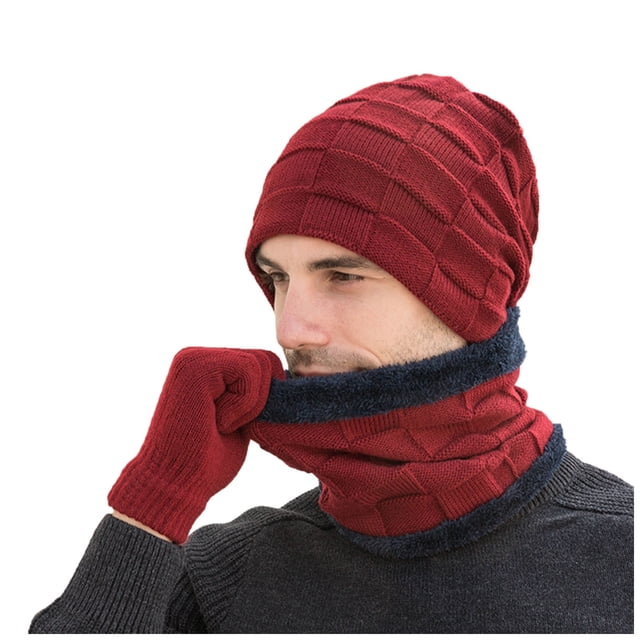 Men's Winter Knitted Hat Windproof Warm Three-Piece Set Scarf Gloves Hats for Cold Weather