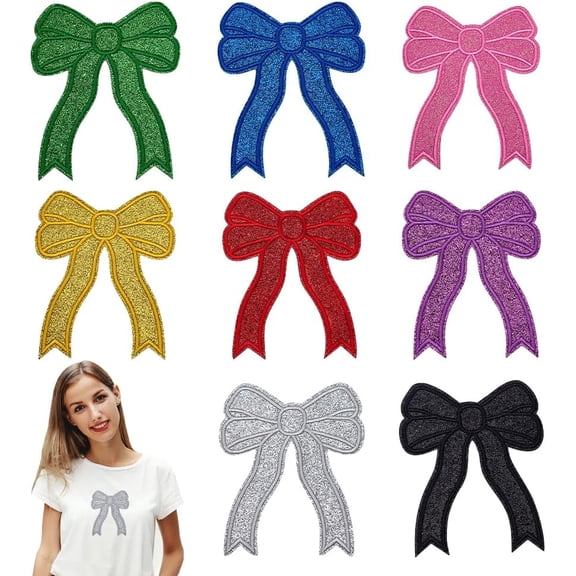 8 PCS Embroidered Patch Iron on/Sew On 8 Colors Bowknot Applique Patches Polyester Tie Shape Applique Decorative Sweatshirt Side Embellishment