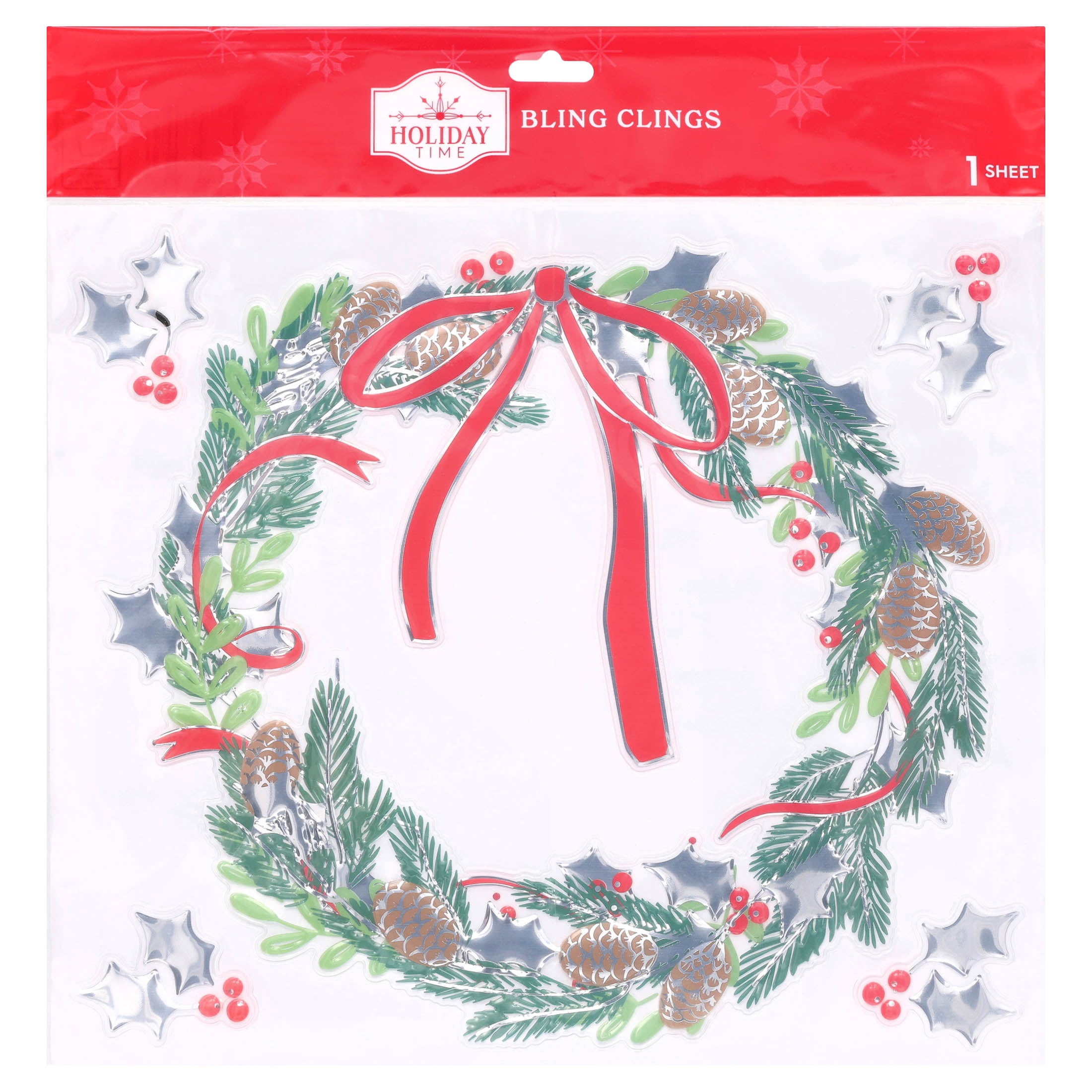 Christmas Wreath Window Bling Clings, Multicolor, 12" x 12", by Holiday Time