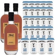 Nkd Distillery Whiskey Alternative Premium Non-Alcoholic Spirit 750 ML Bottles w Owen’s Mixers Club Soda 8.2 OZ Cans - Perfect for Mocktails - A
