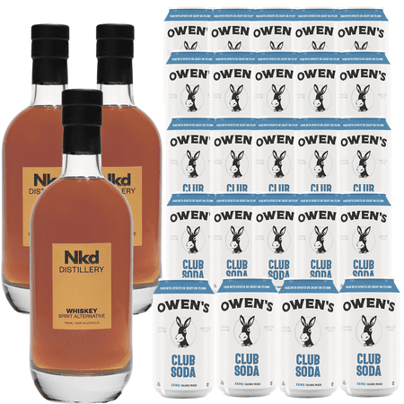 Nkd Distillery Whiskey Alternative Premium Non-Alcoholic Spirit 750 ML Bottles w Owen’s Mixers Club Soda 8.2 OZ Cans - Perfect for Mocktails - A