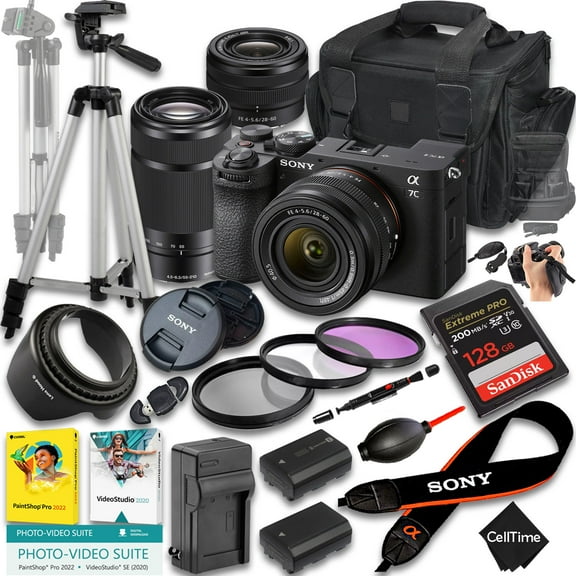Sony a7C II Mirrorless Camera w/ FE 28-60mm & E 55-210mm Lenses, 128GB Memory, Extra Battery, Camera Case, Tripod & More (22pc Bundle) (International Version)