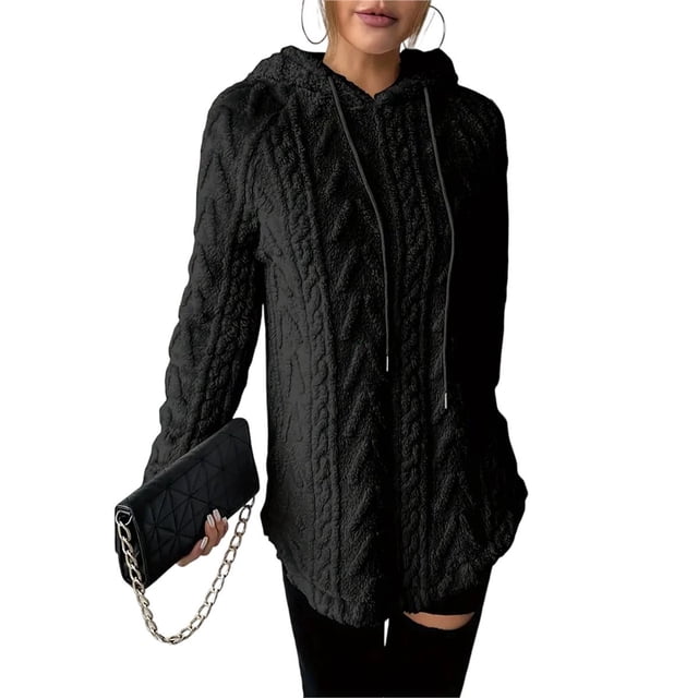 Sudadera con Capucha de Jacquard de Larga en Color Liso para Mujer, Chaqueta Ajustada con Cordón de Felpa. Negro M