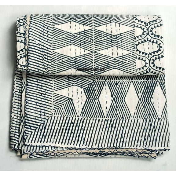 Sambhav Quilt Hub Indian Kantha ,White Cotton, Hand Block Print, King Size, Reversible, Handmade