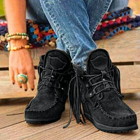 

ERTUTUYI Boots For Women Ankle Boots Retro Suede Faux Leather Tassel Round Toe Casual Shoes Black 38