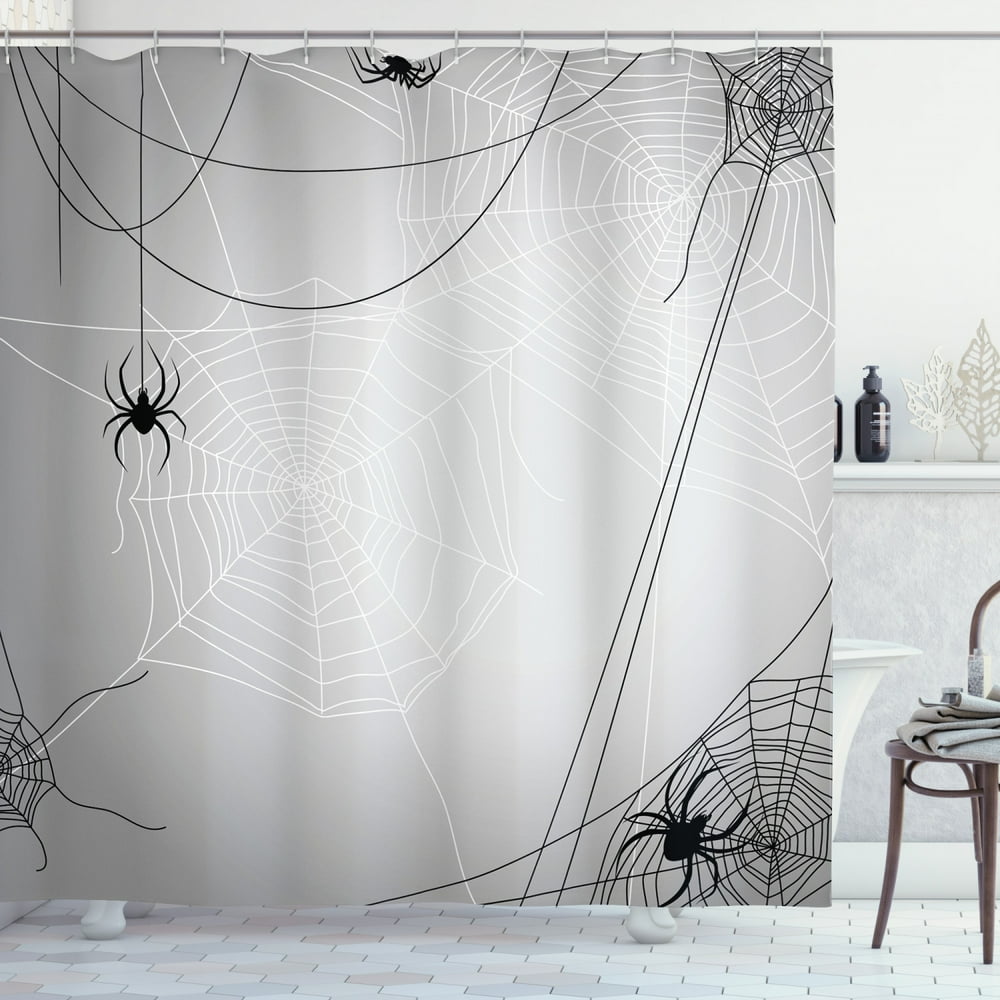 Spider Web Shower Curtain, Spiders Hanging from Webs Halloween Inspired