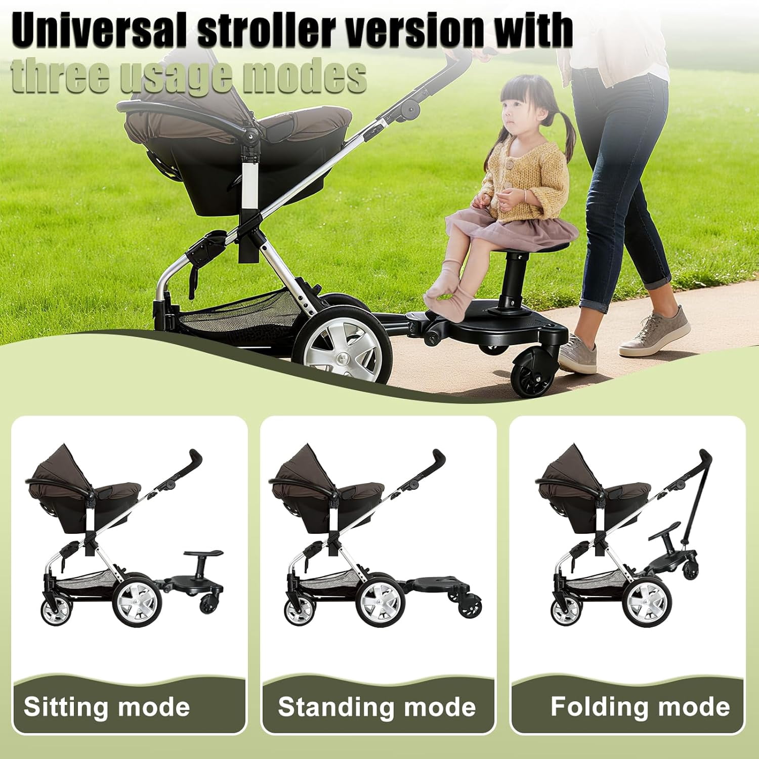 Universal Stroller Board, Black Buggy Board, Holds Children Up to 55lbs with Detachable Seat, 2in1 Sit and Stand Stroller Glider Board,Stroller Standing Board for Most Strollers, Stroller Rider Board
