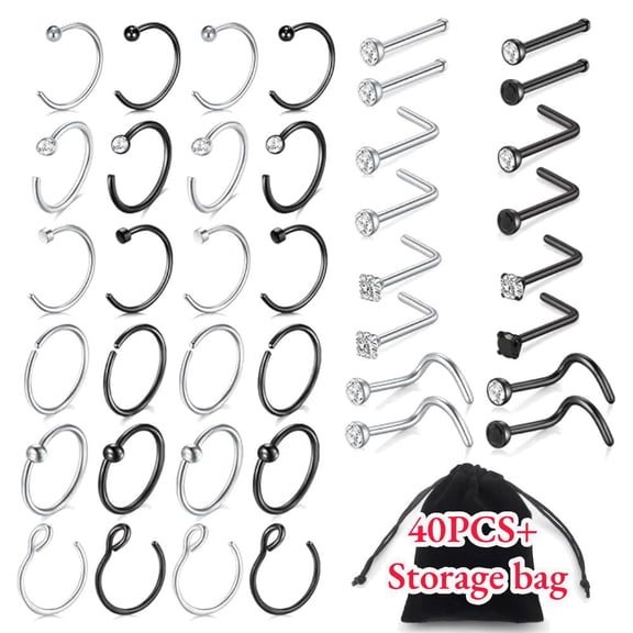40 Piece 18G Nose Rings Studs Surgical Stainless Steel Hypoallergenic L Shaped Nose Piercing Jewelry for Women Men Silver Black Nostril Hoop Rings Storage Bag