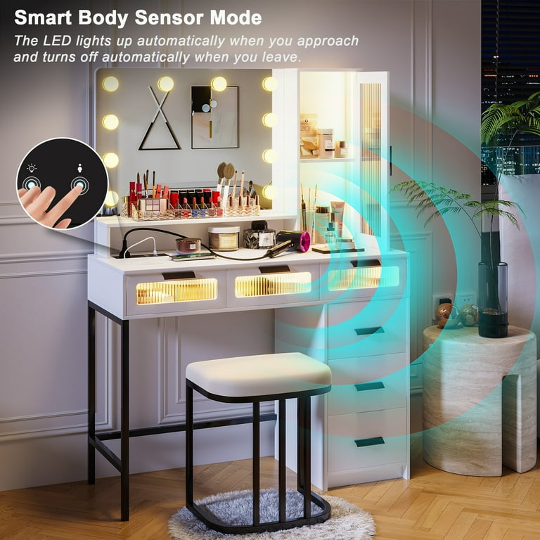 化粧台 化粧室 DRESSING TABLE WITH LIGHTS Vanity Desk with Mirror and Lights, 43'' White Makeup