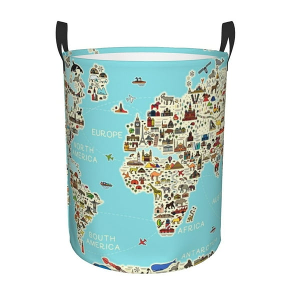 Kdxio World Travel Line Icons Map Print Large Laundry Basket Waterproof Round Cotton Linen Collapsible Storage bin with Handles for Hamper Kids Room,Toy Storage-Medium