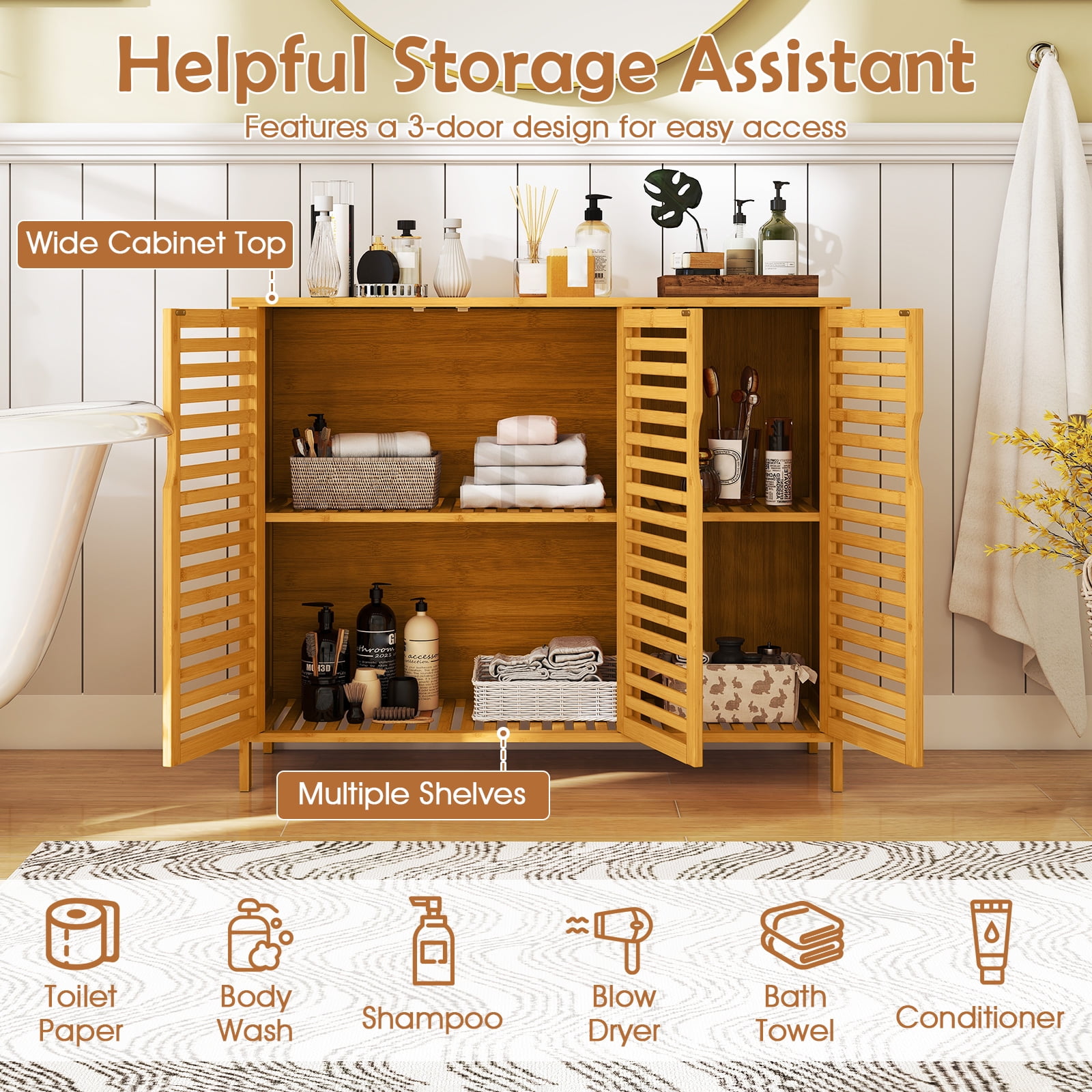Gymax Bamboo Bathroom Cabinet 3-Door Storage Organizer w/ Shelves Natural