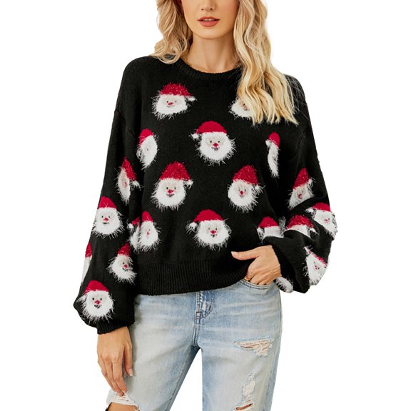 FEIFLY Women Christmas Knitted Sweater Cute Santa Head Pattern Crewneck Pullover Sweater Stylish Female Knitwear