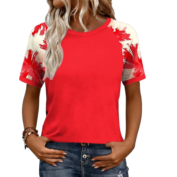 Mujeres manga corta Tops casual fuera del hombro Raglan impresión blusa, moda primavera verano top para diario
