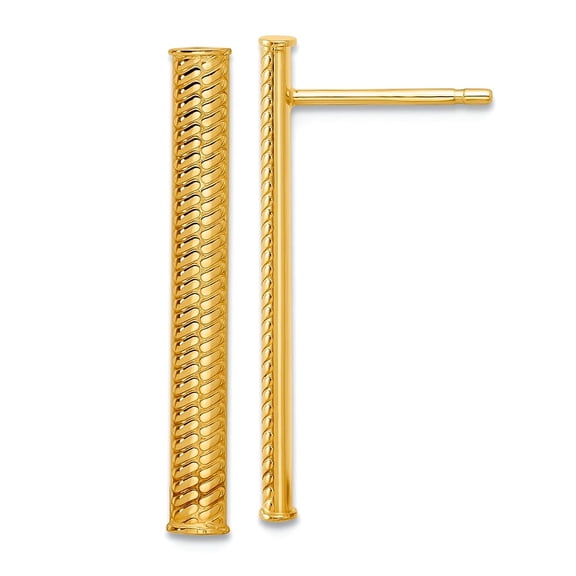 14k Solid Yellow Gold Polished and Textured Bar Post Earrings 25.37x2.95mm Wide Stud Earring for Women