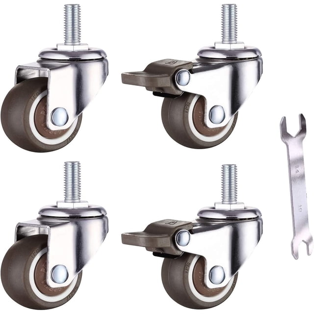Apuakthei Juego de 4 ruedas pequeñas para muebles - 25 mm - Goma blanda TPE - M6 x 15 mm - Rosca (2 piezas con freno) (25 mm)