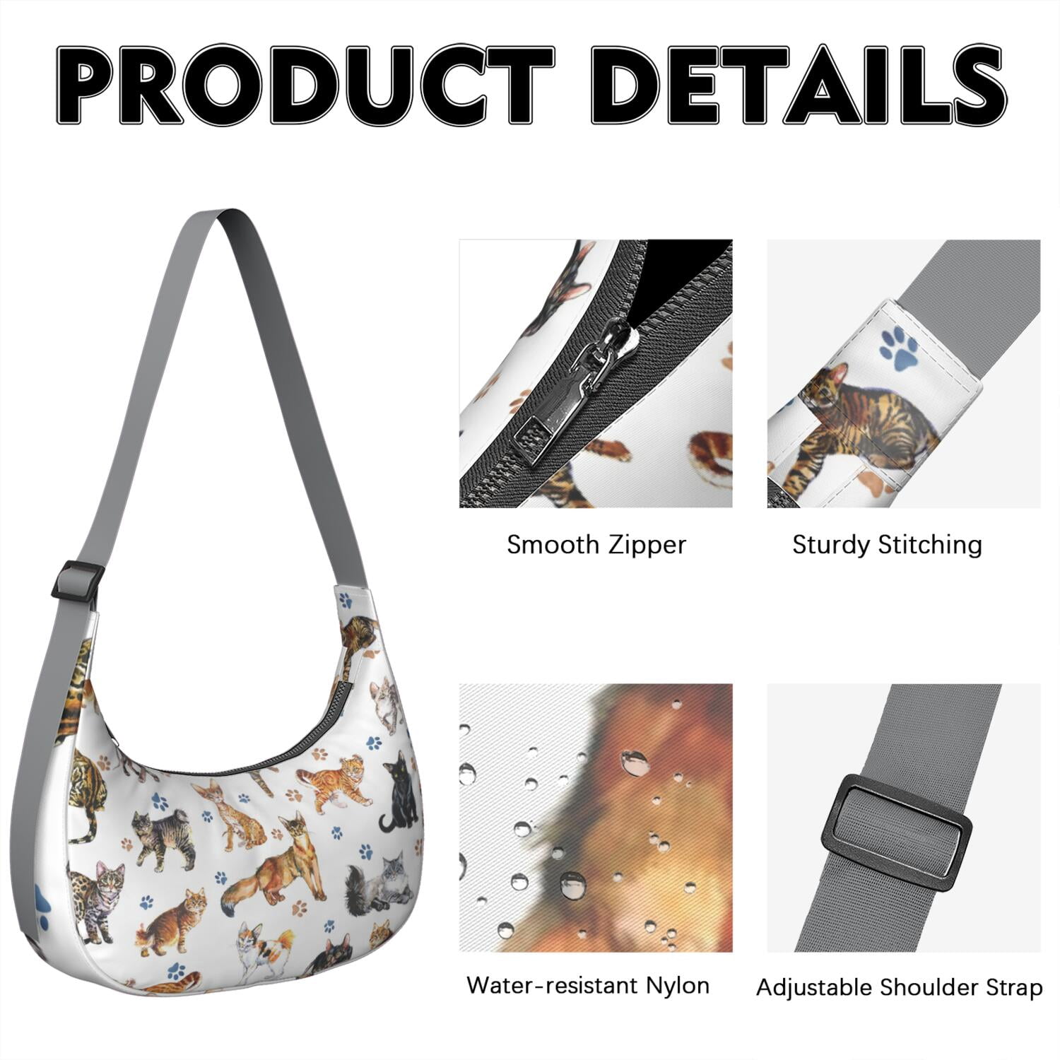 Casual Shoulder Purse for Women – Trendy & Spacious, Watercolor Cat Artwork, Cat Lover Gift Design, Durable Crossbody Handbag