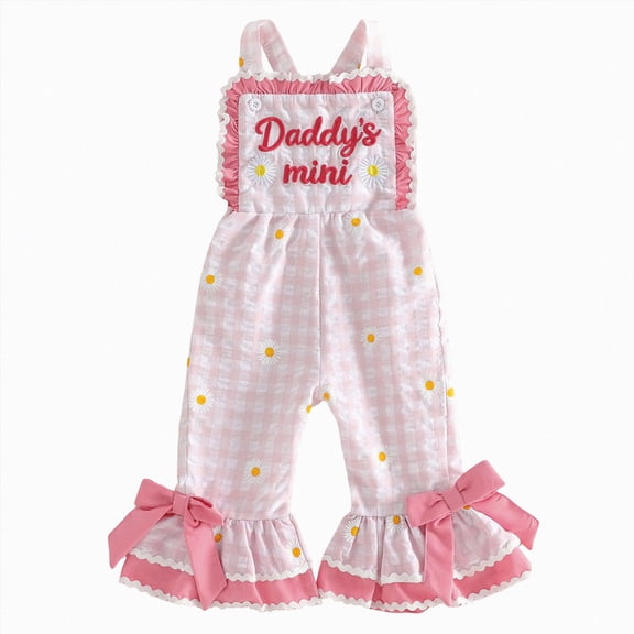 boobe Toddler Girls Father's Day Letter Embroidery Sleeveless Plaid Overall Bell Bottoms Romper Jumpsuit