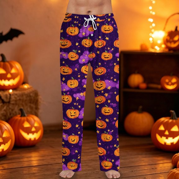 Mens Halloween Pajama Pants Candy Bat Wide Leg Spooky Pajama Pants Ghost Skull Drawstring Funny Sleep Pants, M