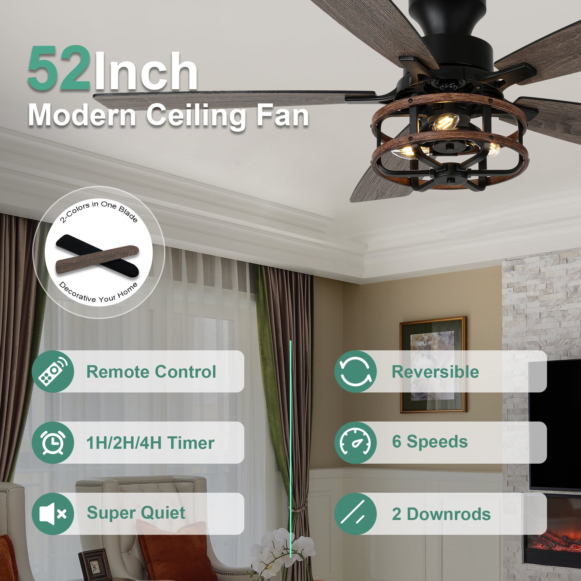 Cusp Barn 52 inch Black Farmhouse Industrial Flush Mount Ceiling Fan with Lights and Remote, 6 Speeds Low Profile Ceiling Fan