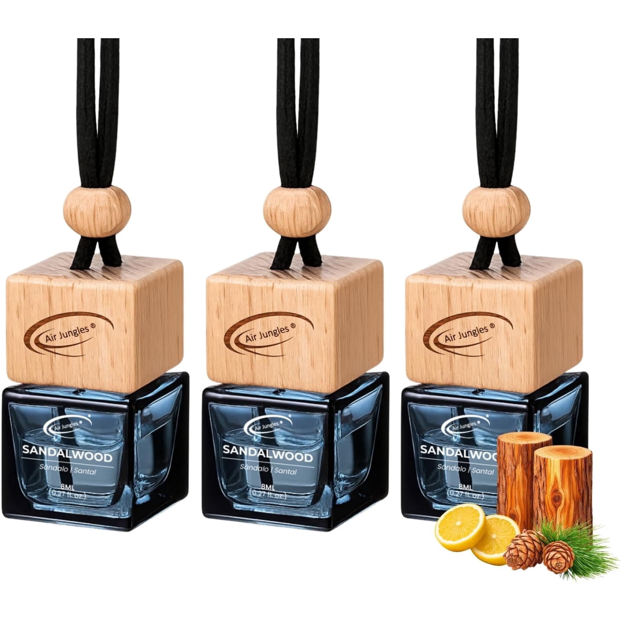 Air Jungles Car Air Freshener Hanging Diffuser 3 Ct Sandalwood Scent 8 ml Each Natural Essential Oil Everyday Freshness Fragrance Auto Accessories for Men and Women For Rearview Mirror