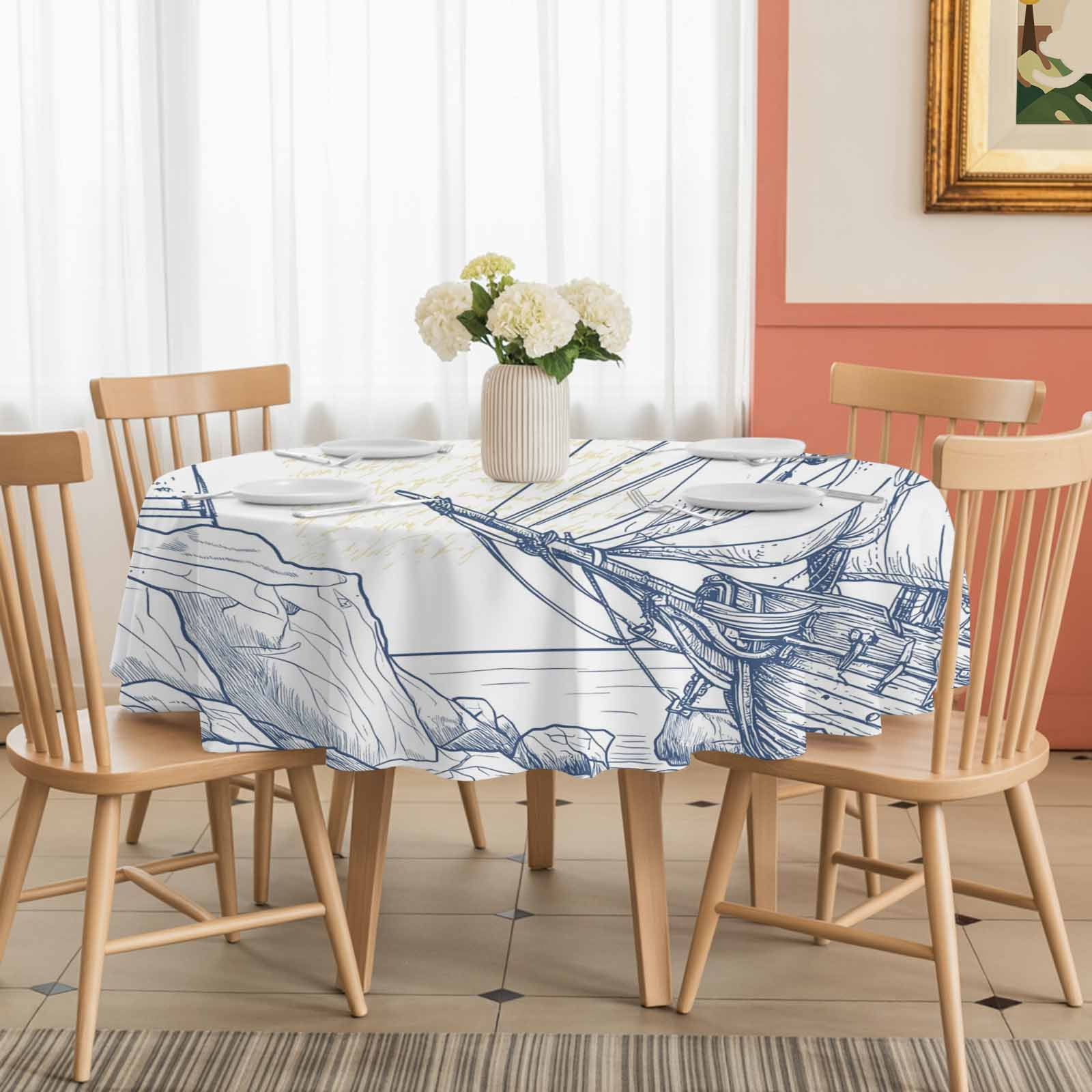 Round Tablecloth Blue Nautical Boat Waterproof Oil Proof Polyester Table Cloth Cover Decor for Home Dining Outdoor,Patio,Parties, 60" Dia. Classic Ocean Lighthouse Sailing Anchor