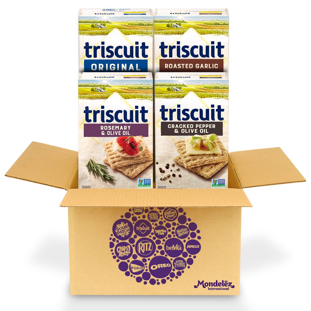 TRISCUIT Crackers Variety Pack, 4 Boxes (2 Original, 1 Roasted Garlic