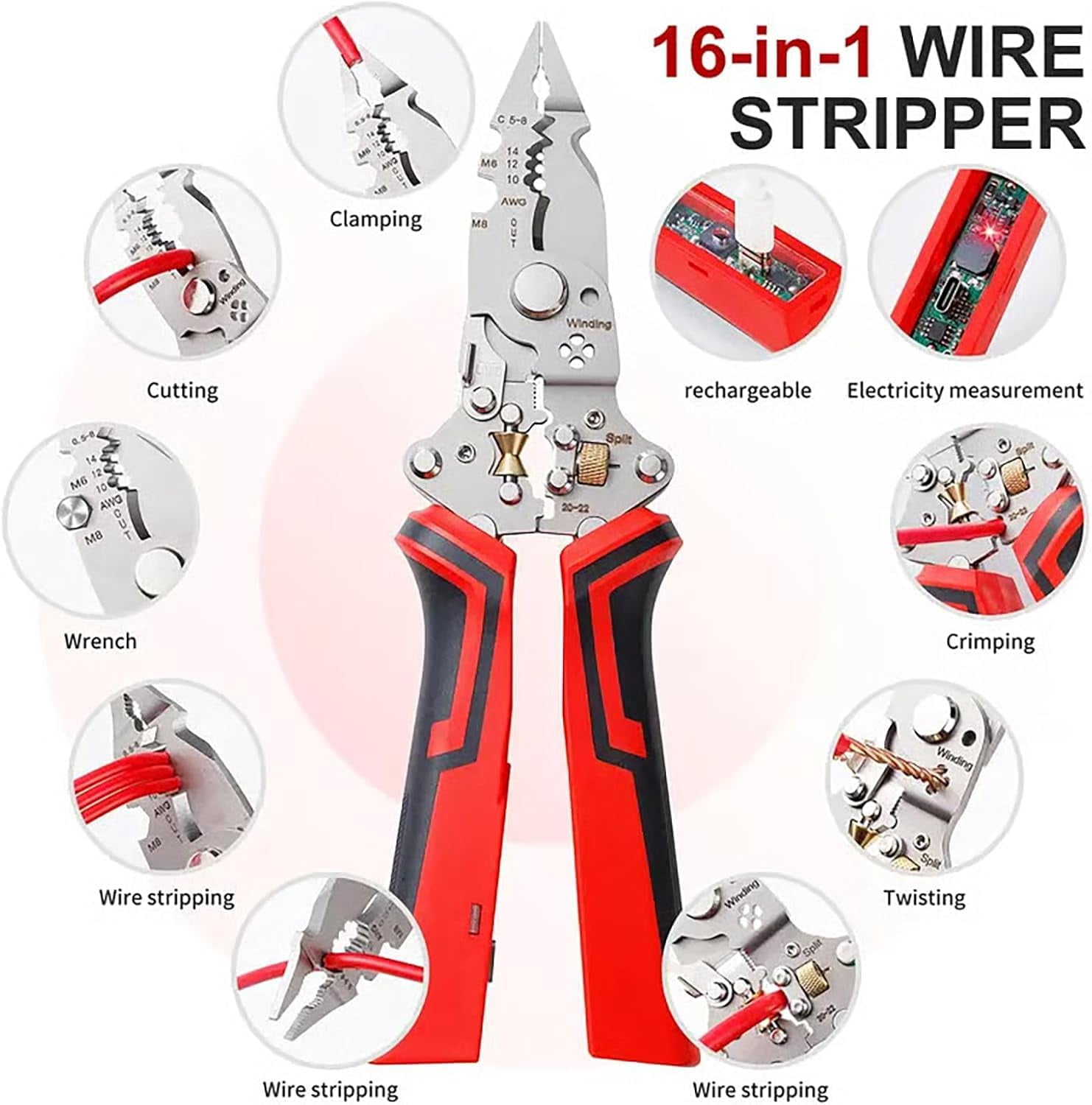 16 in 1 Wire Stripper Twister for Cutting and Pulling Wires, Rechargeable Foldable Cable Scissors,Voltage Tester Pliers,12V to 250V Live,Null,Hot Wire Judgment AC DC,Audible and Flashing LED(Red*2)