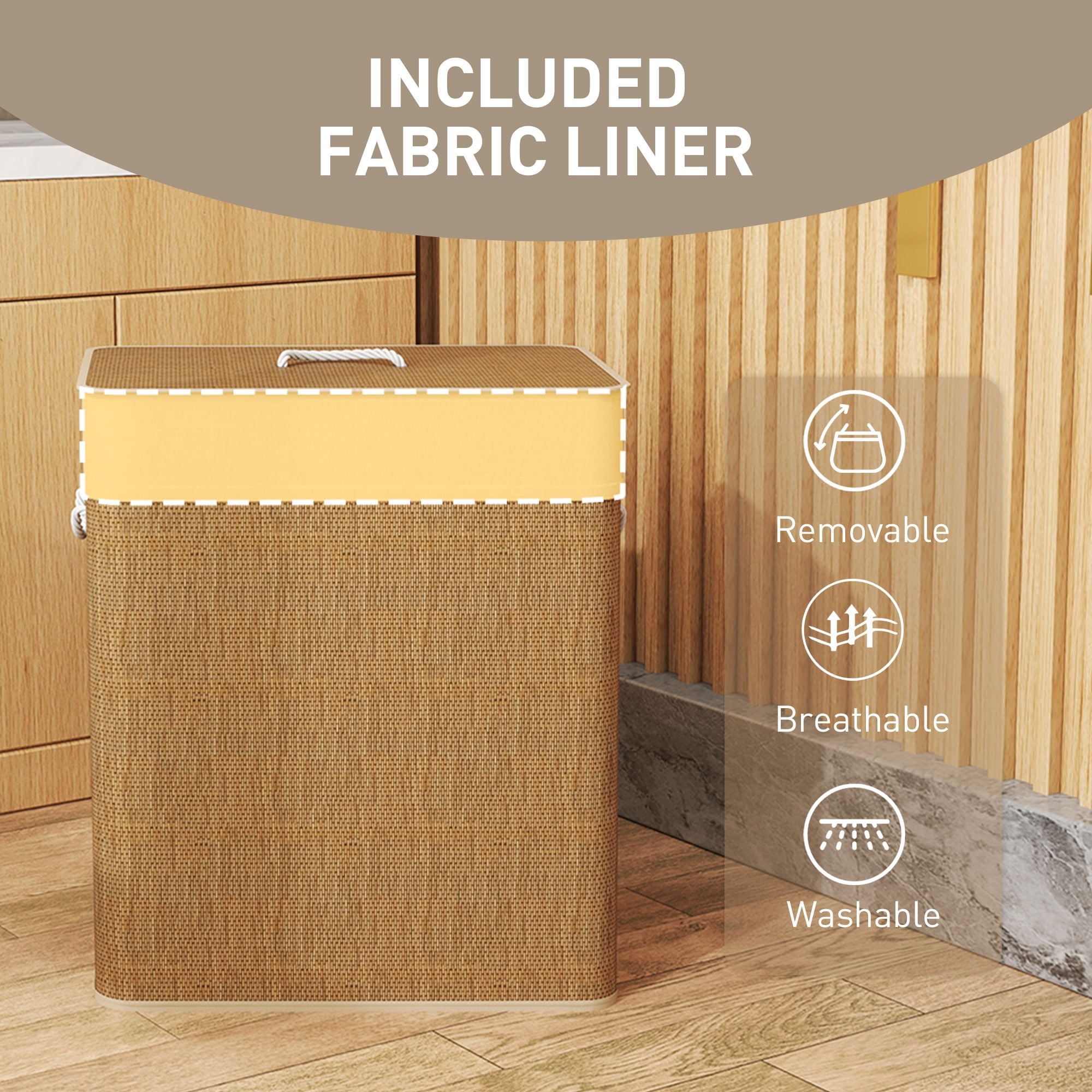 Double Laundry Basket with Lid, 26.4 Gallon Bamboo Laundry Hamper with Rope Handles and Removable Liner, Brown