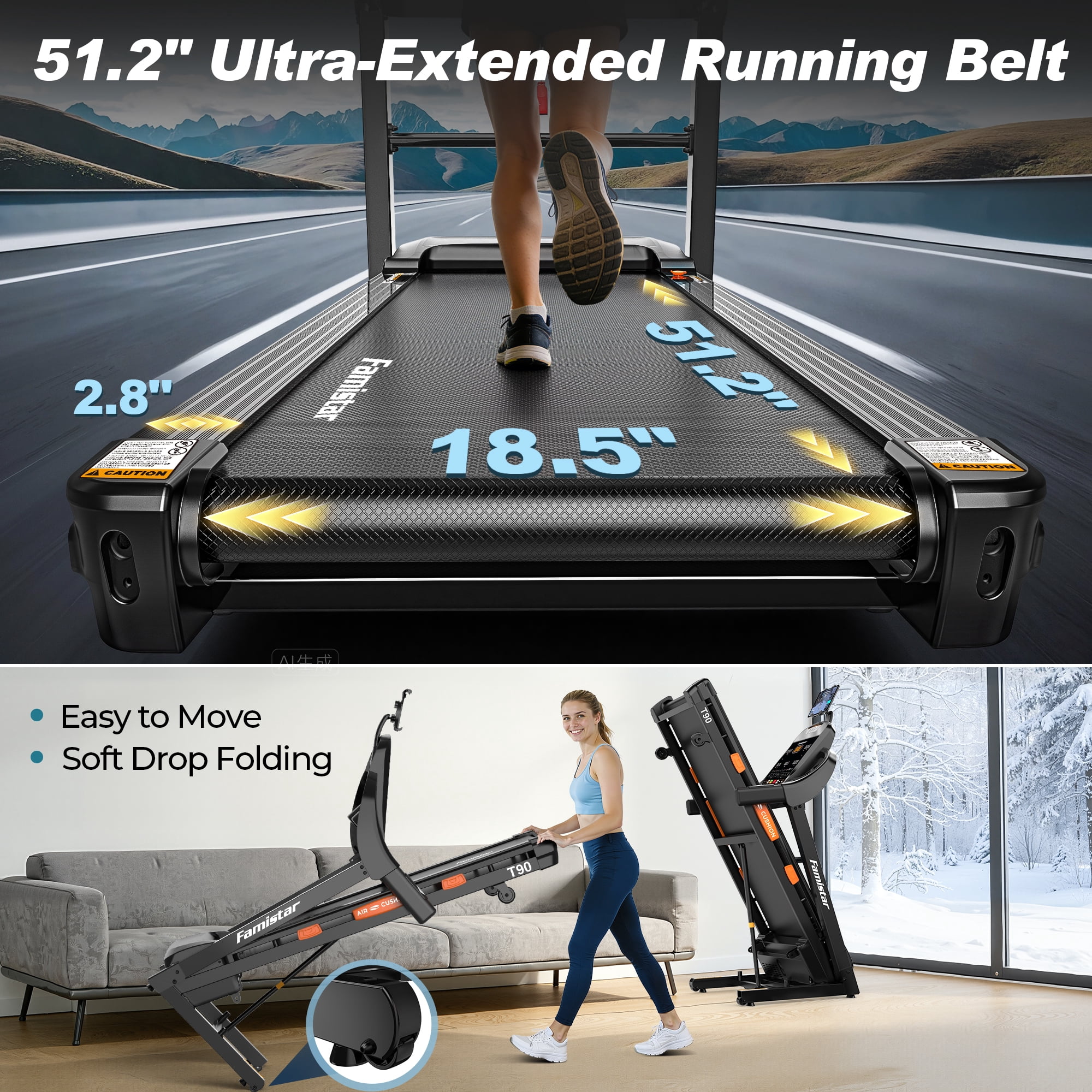 Treadmill with Incline,5HP Treadmills for Home,Portable Electric Treadmill with Handles,Compact Running Treadmills for small space, 300-400LBS Capacity, Exercise treadmill