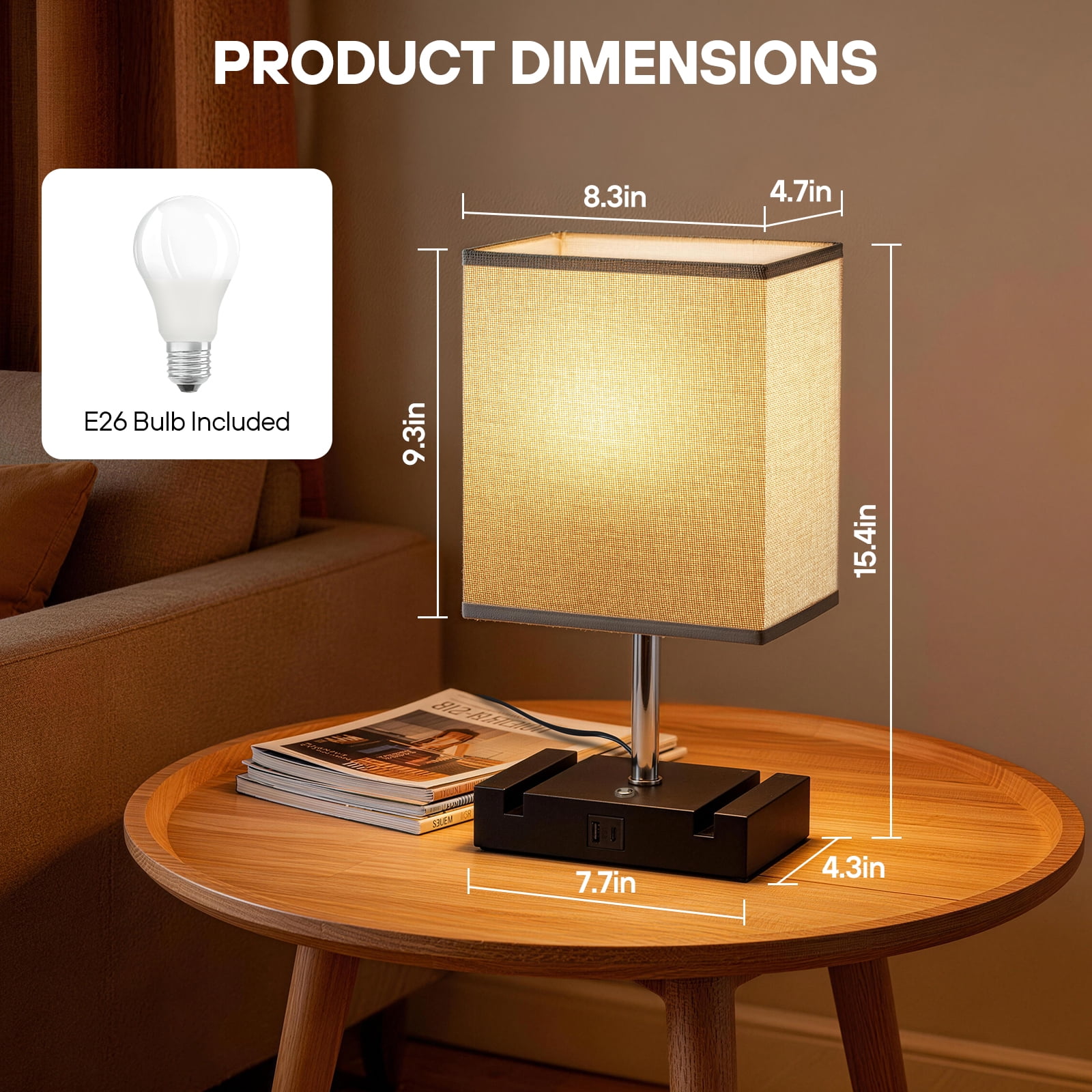 Table Lamp for Bedroom, 15.4" Two Fast USB Charging Ports Touch Desk Lamp for Living Room Dorm Home Office