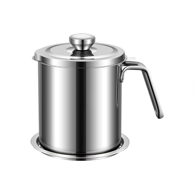 Grease Container Stainless Steel Grease Container with Fine Mesh Strainer 2L/67.6 fl oz Oil Container Grease Container with Dust-Proof Lid Non-Slip Tray