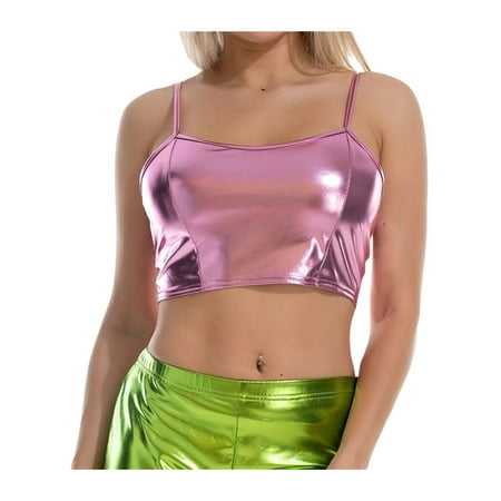 

Women s Sexy Cami Crop Tops Spaghetti Straps Sleeveless Metallic Reflective Laser Color Camisole Top Club Wear