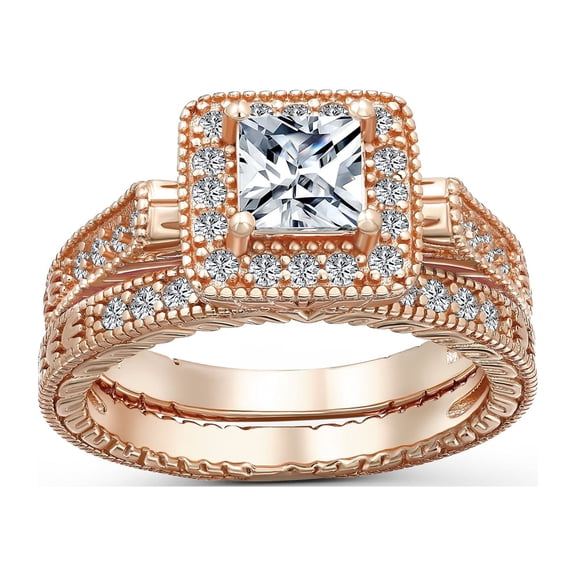 Bling Jewelry Womens Art Deco CZ Princess Cut Engagement Ring Band Set Rose Gold Sterling Silver