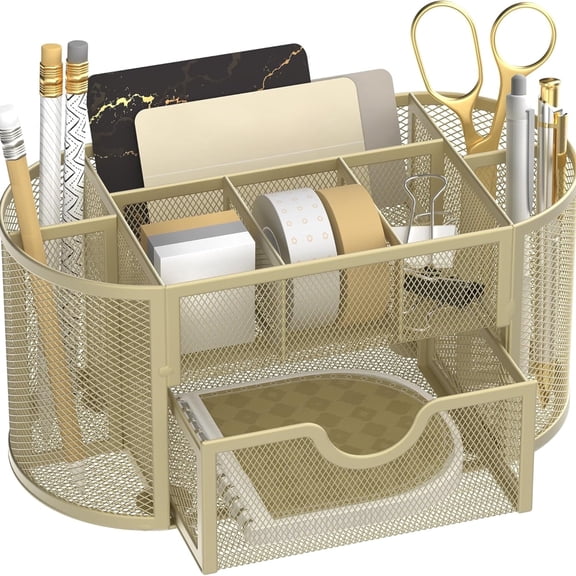INTIGE 9 Compartments Metal Desk Organizer with Drawers, Pencil Holder, 8.6 L x 4.3 W x 4.1 H inch