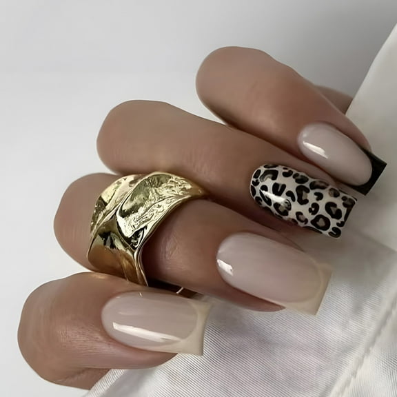 Square Short False Nails French Tip Leopards Designs Acrylic Artificial Nails For Parties And Weddings