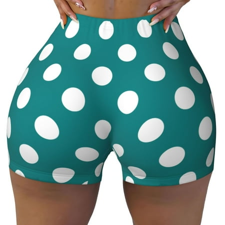 Workout Shorts Women  Teal And White Polka Dot Biker Shorts for Women Running Gym Spandex Shorts Tummy Control