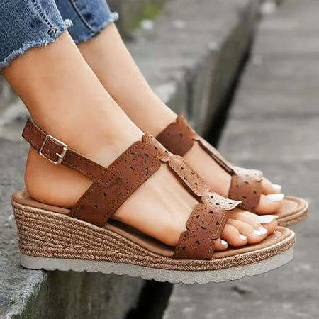 

bvgfsahne Women Summer Buckle Strap Solid Hollow Out Casual Open Toe Wedges Comfortable Beach Shoes Sandals