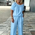 thumbnail image 5 of Maqroz Women 2 Piece Outfits Sets Summer Solid Loose Short Sleeve Crew Neck Top and Pants Set Drawstring Casual Vacation Travel 2026 Sky Blue S, 5 of 6