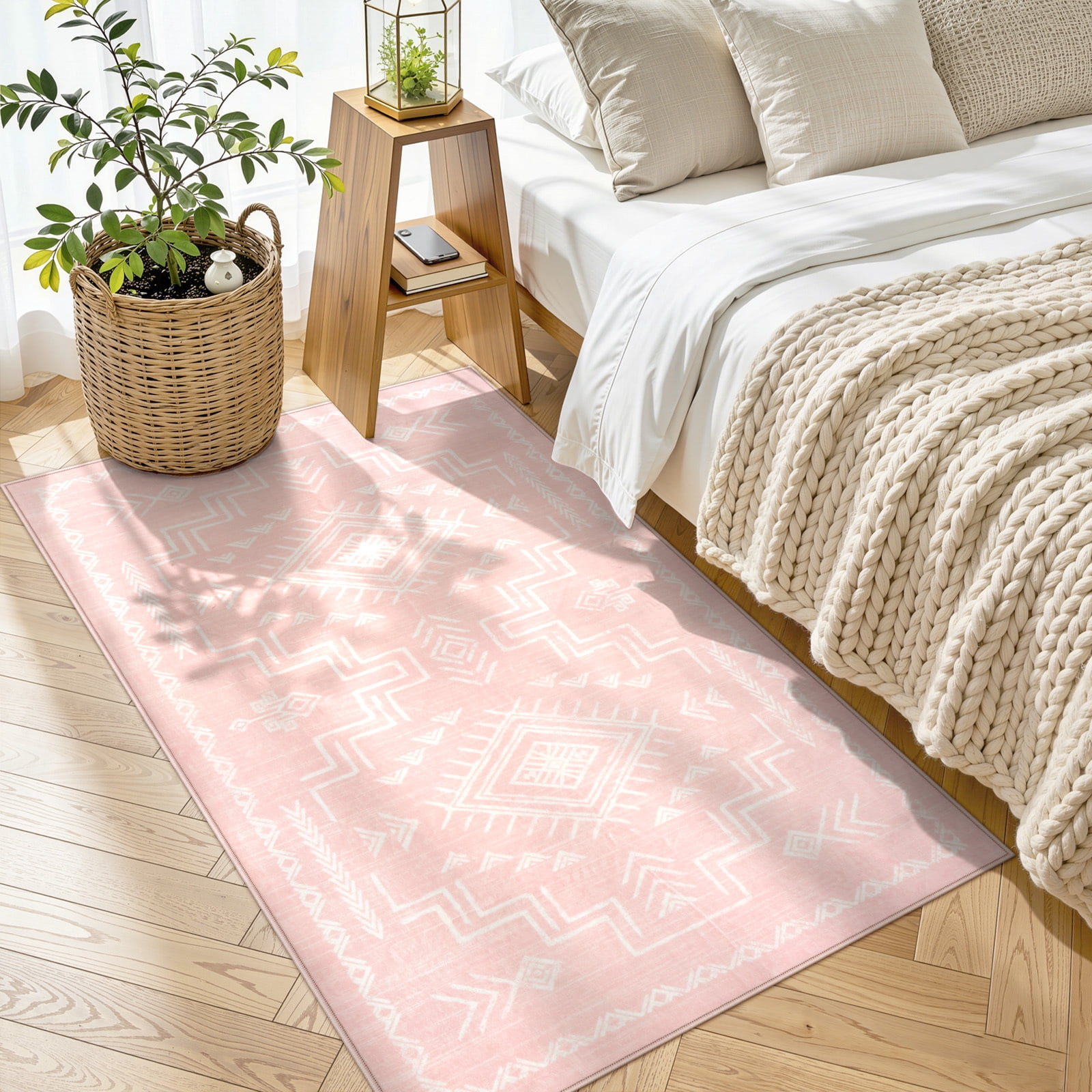 Lahome Washable 3'x5' Area Rug, Pink Rugs for Living Room, Non-Slip Small Entryway Tribal Aztec Carpet for Bedroom Girls Kitchen, Low-Pile Classic Boho Western Decor, Pink