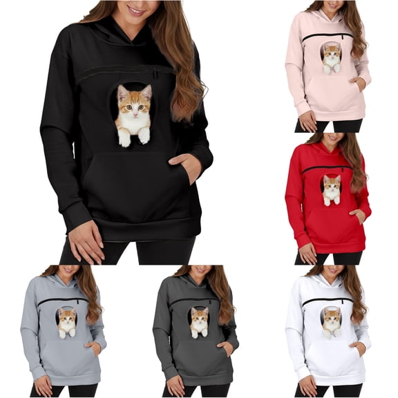 Bigetiay Womens Hoodie with Cat Pouch, Pet Carrier Animal Holder Hoodie Dog Kangaroo Pouch Long Sleeve Hoodie Fall Winter Clothes, Size L