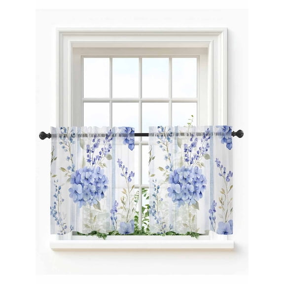 Purple Hydrangea Tier Curtains 24 Inch Length, Sheer Curtains for Bedroom Living Room Window Stripe Botanical Vintage Rod Pocket Voile Drapes Kitchen Curtains Small Half Window 27.5"x24" 2 Panels
