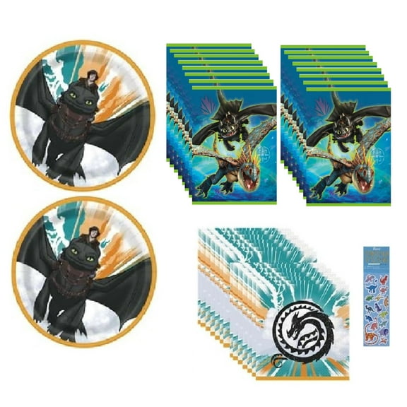 How to Train Your Dragon Birthday Party Supplies Decoration Bundle Pack includes 16 Small Dessert Plates 7", 16 Napkins, 16 Loot Bags, 1 Dinosaur Sticker Sheet