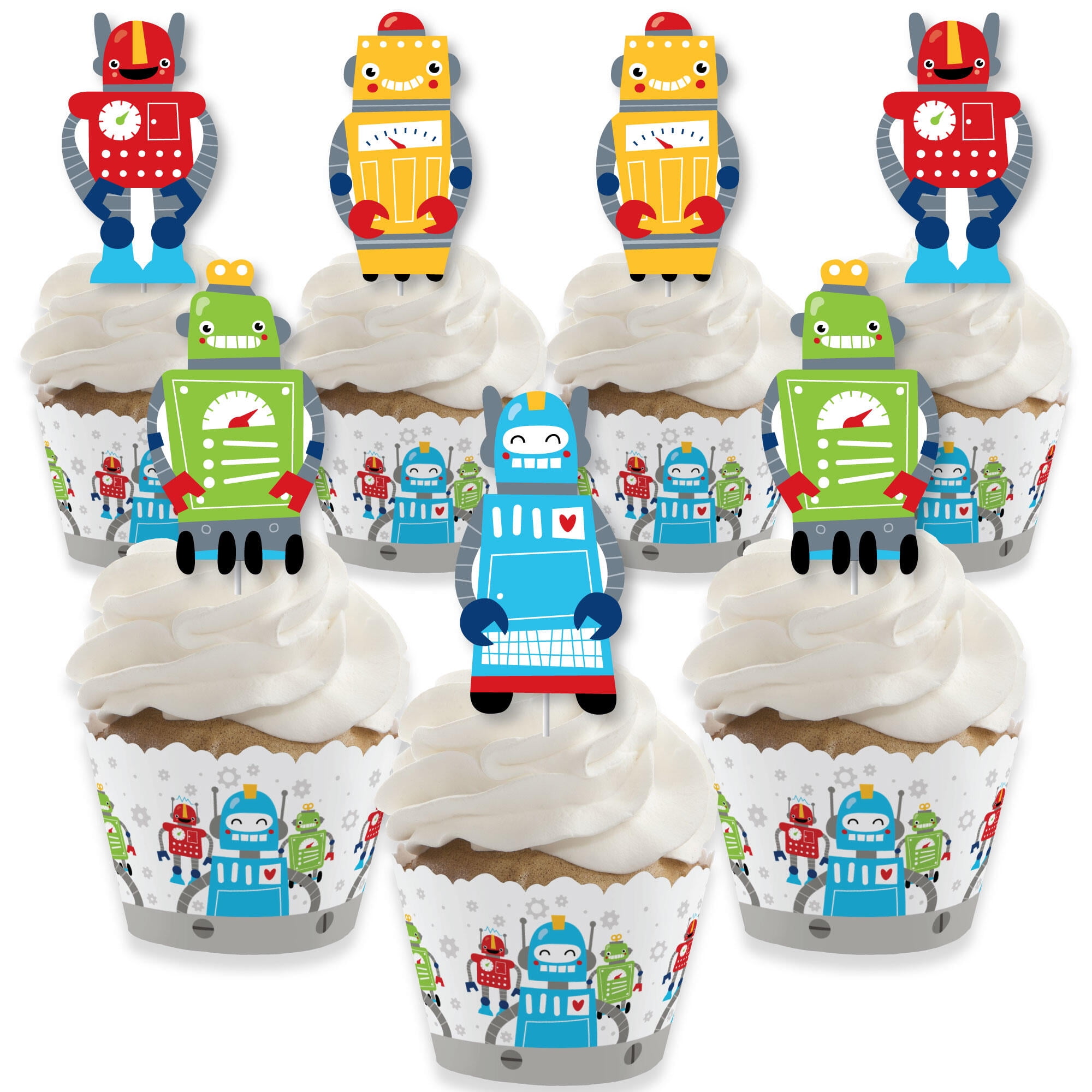 Children Boy Girl Birthday Baby Shower Party Supplies Set of 12 Robot Cupcake Toppers