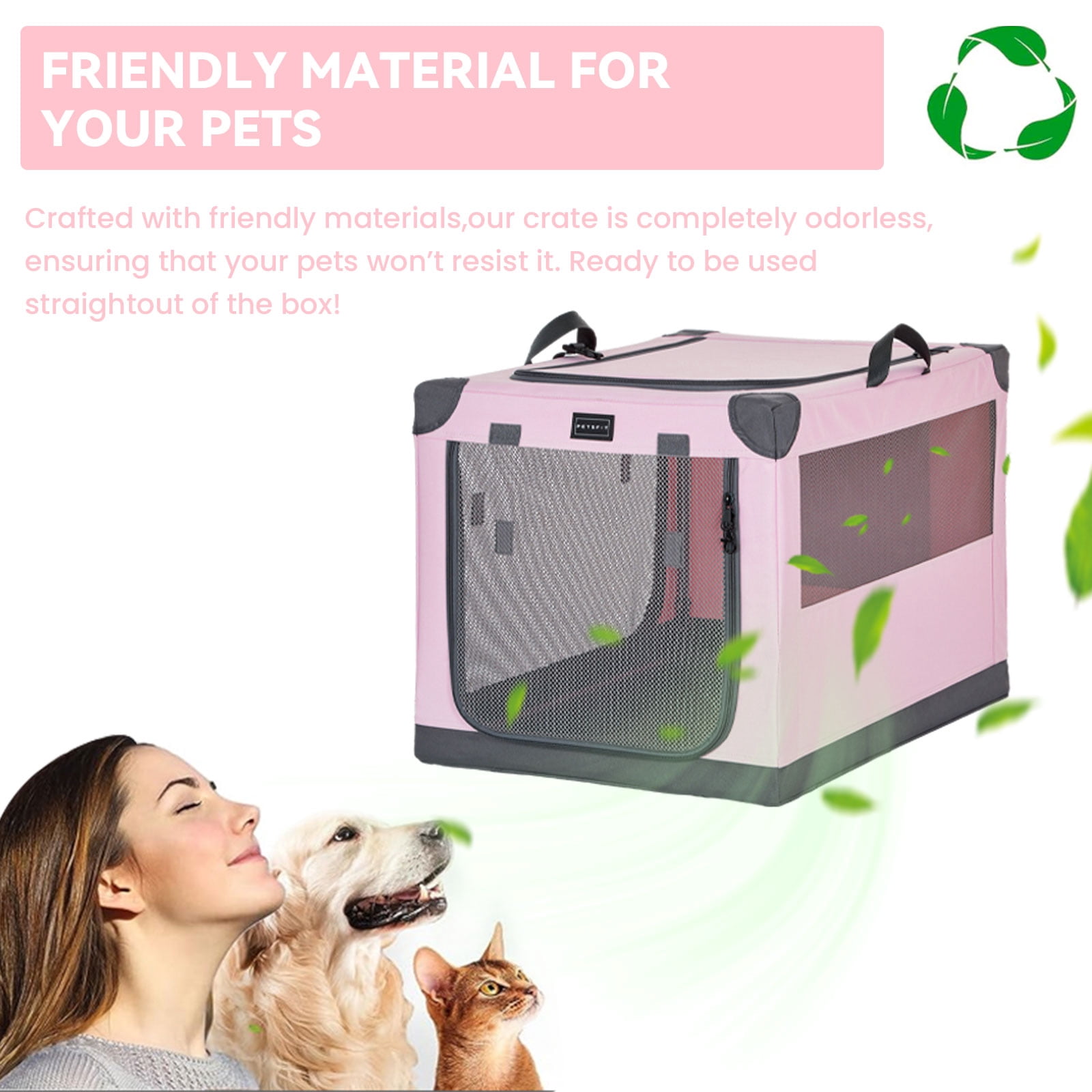 Petsfit 36inch Soft Dog Crate, Adjustable Fabric Cover by Spiral Iron Pipe, Chew Proof Strengthen Sewing Collapsible Dog Crate 3 Door Design,Pink