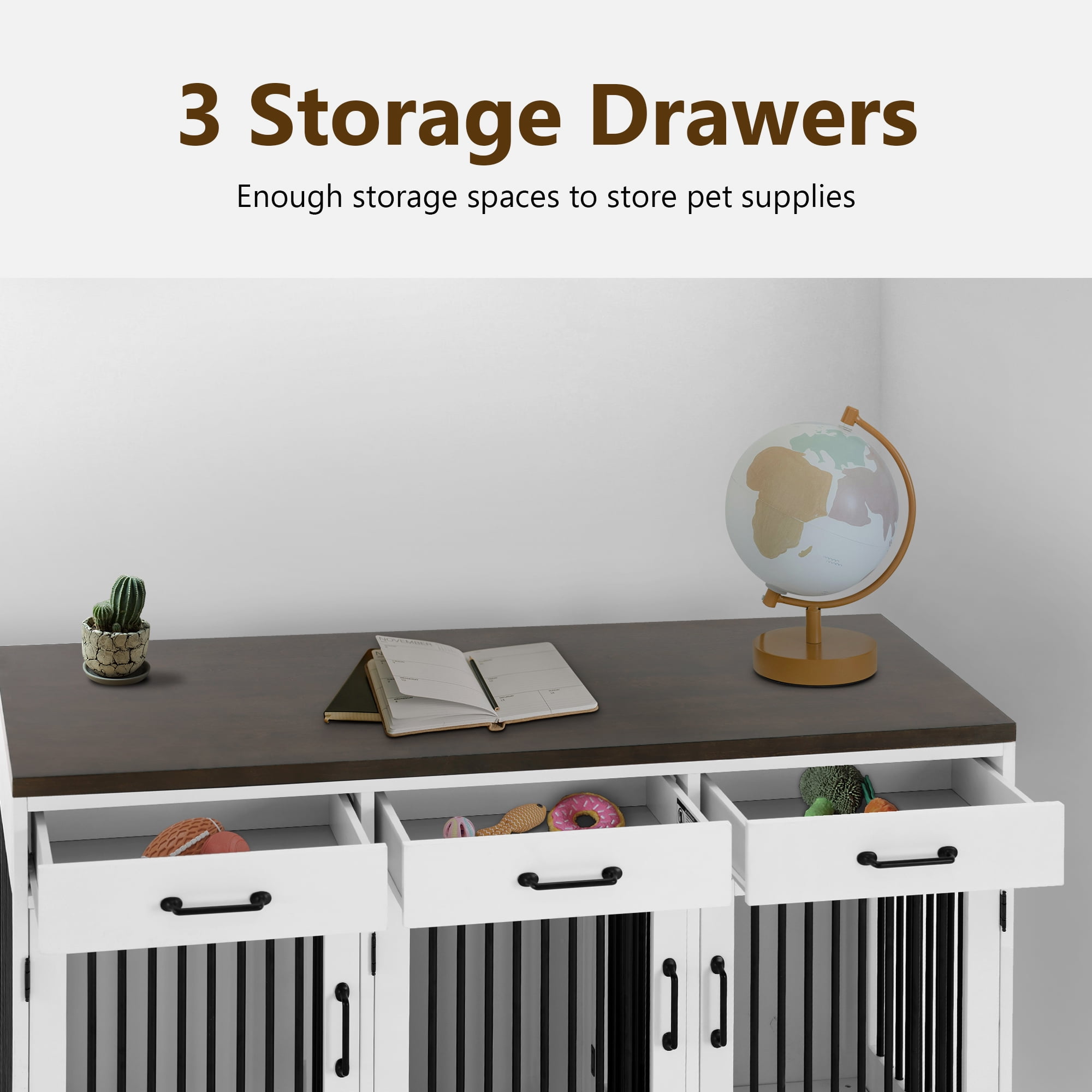 MCombo 55.5" L x32.4"H Large Wooden Dog Crate Furniture with Drawers, Lockable Doors, Removable Dividers