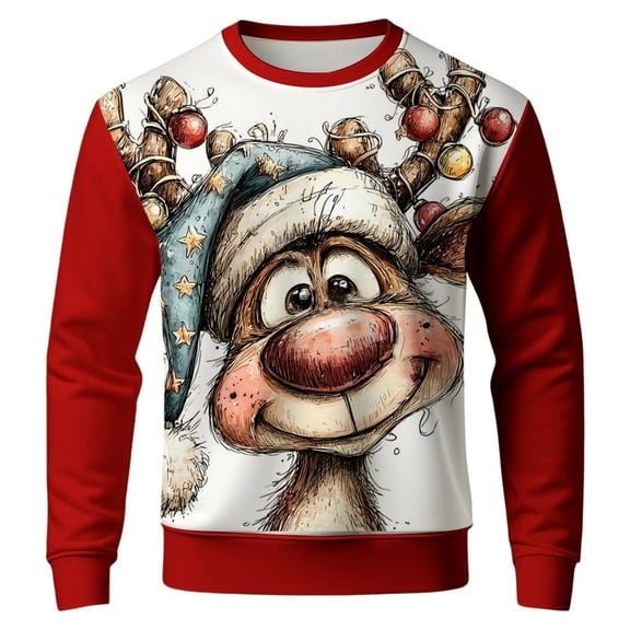 IWRICH Christmas Sweatshirt for Men Funny Printed Crewneck T Shirt Long Sleeve Outdoor Holiday Pullover Winter Tops Red XL