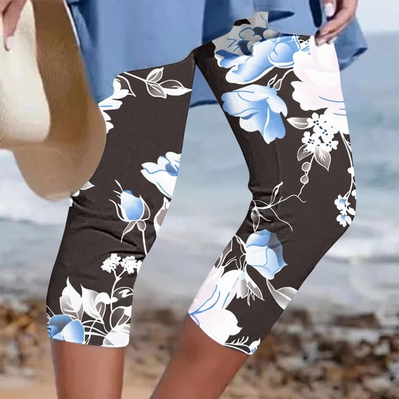 Aboser Boho Floral Capri Leggings for Women Plus Size High Waisted Capris Stretchy Casual Beach Leggings Skinny Soft Cropped Pants