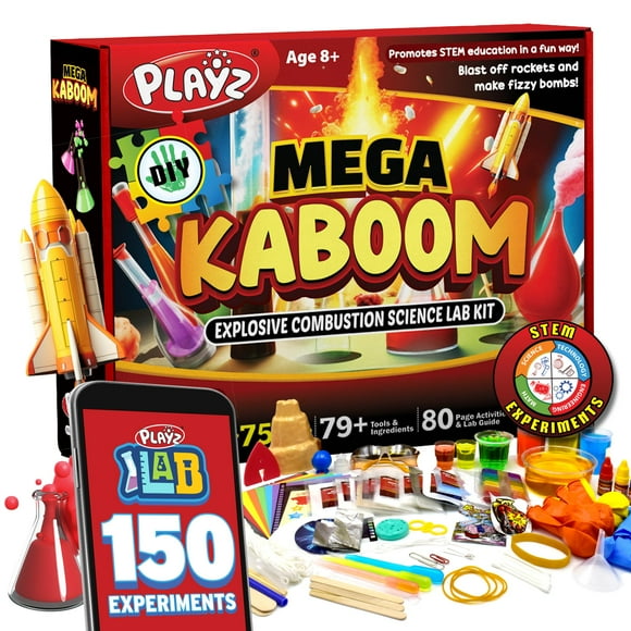 Playz Mega Kaboom! 150+ Explosive Science Experiments Kit for Kids Age 8-12 with 75 App &amp; Video Guided Experiments - Chemistry Set STEM &amp; Educational Toys &amp; Gi